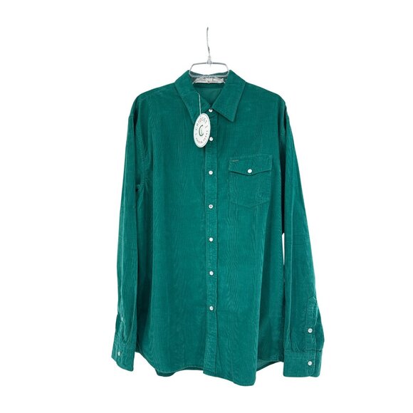Criquet Mens XL Green Corduroy Button-Down Shirt 100% Cotton Long Sleeves